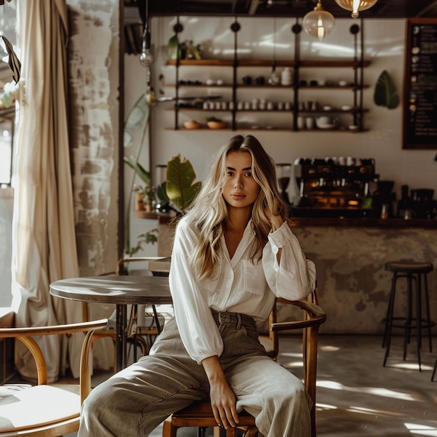 Photo stylish influencer posing in a trendy coffee shop capturing urban chic