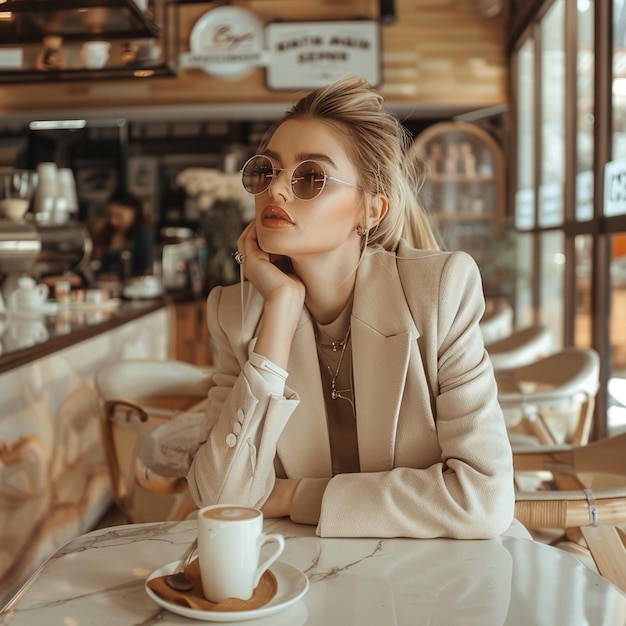 Photo stylish influencer posing in a trendy coffee shop capturing urban chic