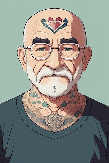 Photo stylish inked grandpa with several tattoos on body