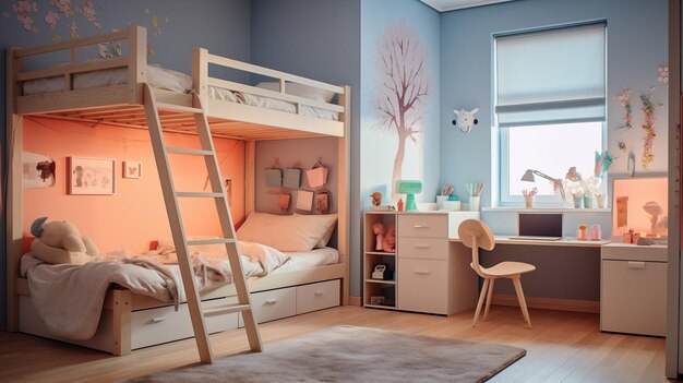 Stylish interior of a childrens room in pink color