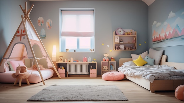 Stylish interior of a childrens room in pink color