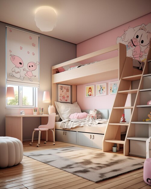 Stylish interior of a childrens room in pink color