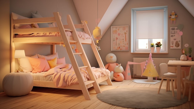 Stylish interior of a childrens room in pink color