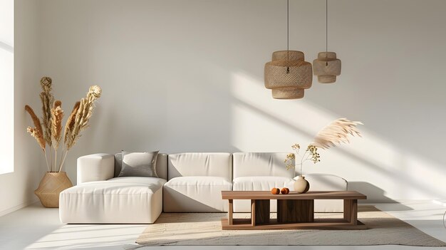 Stylish interior of living room with design modular sofa furniture wooden coffee tab Generative AI