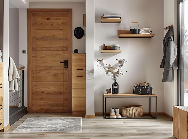 Stylish interior of a modern entrance hall with a light wooden door shoe cabinet and table near the wall