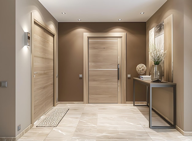 Stylish interior of a modern entrance hall with a light wooden door shoe cabinet and table near the wall