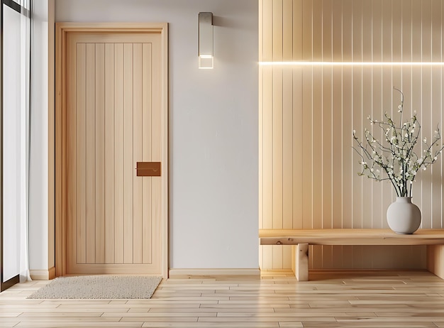 Stylish interior of a modern entrance hall with a light wooden door shoe cabinet and table near the wall