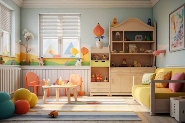 Stylish interior of a modern playroom in a kindergarten comfortable soft sofa comfortable shelves