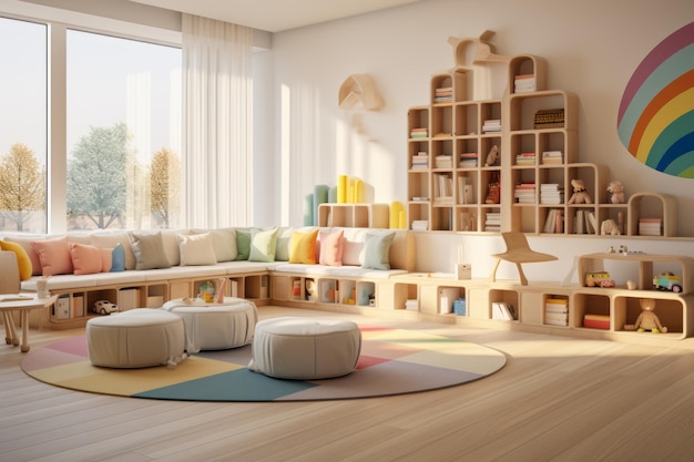 Stylish interior of a modern playroom in a kindergarten