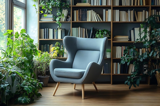 Stylish Interior Photo Featuring a Blue Armchair Bookshelf and Lush Green Plants