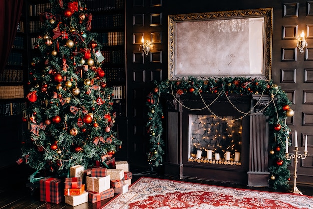 Stylish interior of room with beautiful Christmas fir tree and decorative fireplace