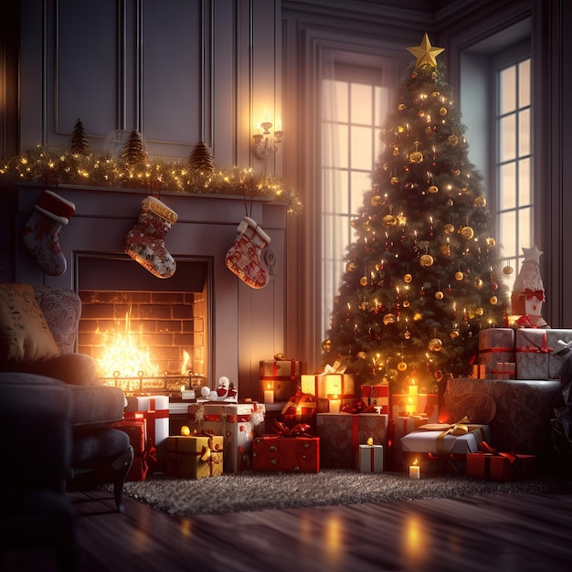 Stylish interior with decorative fireplace and beautiful Christmas tree in evening