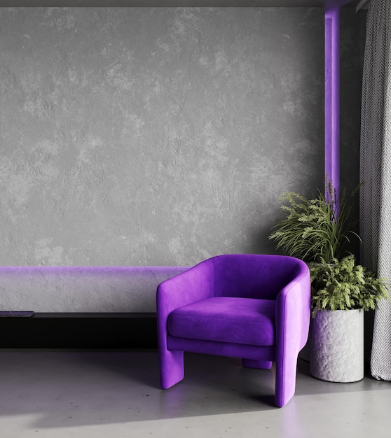 Stylish interior with purple neon lighting and bright armchair 3d rendering