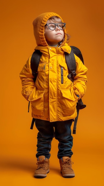 Photo stylish kid in bright yellow coat and backpack standing confidently against a matching orange