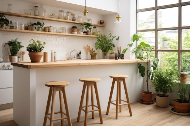 Stylish kitchen area featuring white walls wooden countertops and bar embellished with plants