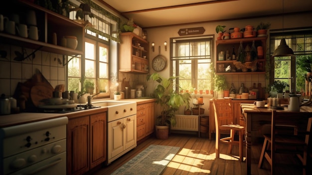 Stylish kitchen interior with morning light in window Generative AI