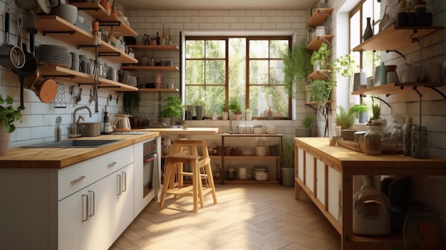 Stylish kitchen interior with morning light in window Generative AI