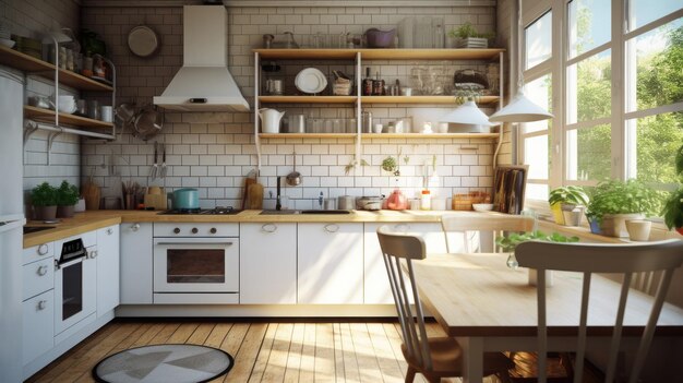 Stylish kitchen interior with morning light in window Generative AI