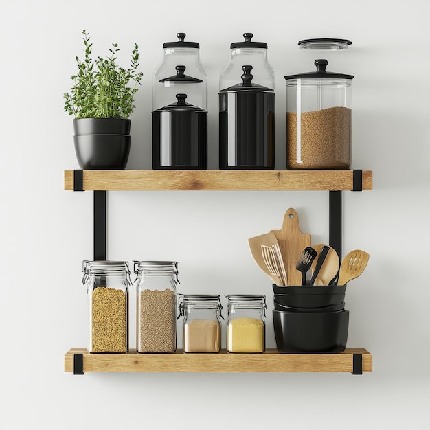 Photo a stylish kitchen shelf displaying jars utensils and a plant for organized storage