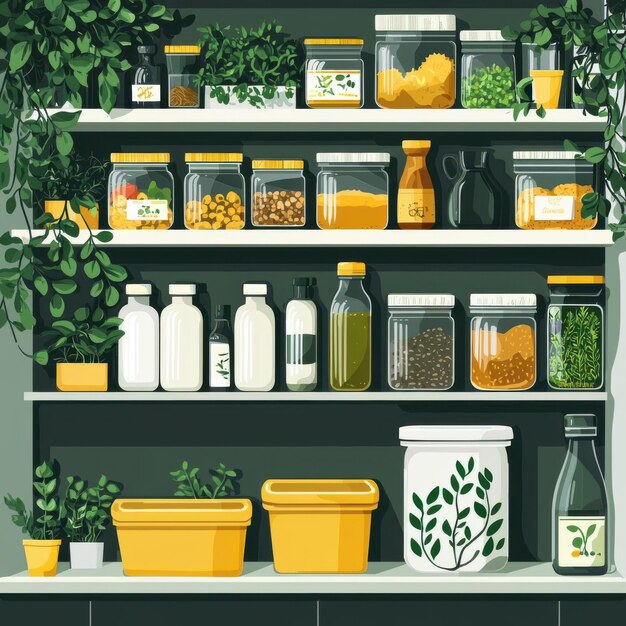 A stylish kitchen shelf filled with jars spices and plants