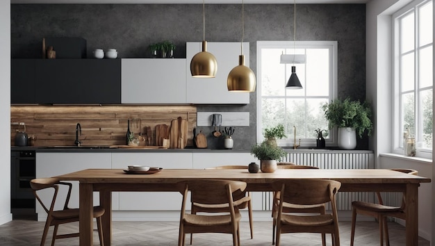 Stylish kitchen with black and white cabinets wooden countertops and gold pendant lights over a large dining table