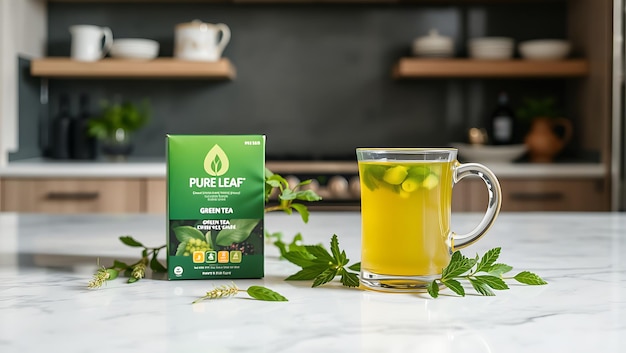 Stylish Kitchen with Pure Leaf Green Tea on Clean Marble Surface and Fresh Herbs