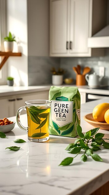 Stylish Kitchen with Pure Leaf Green Tea on Clean Marble Surface and Fresh Ingredients