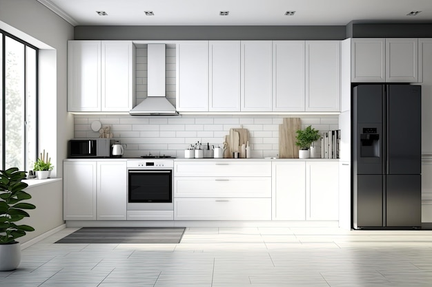 Stylish kitchen with white cabinetry and builtin appliances concrete floor