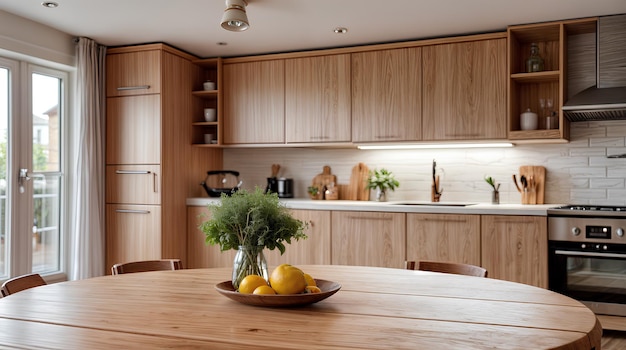 stylish kitchen with a wooden table with lemons and a vase of herbs on it