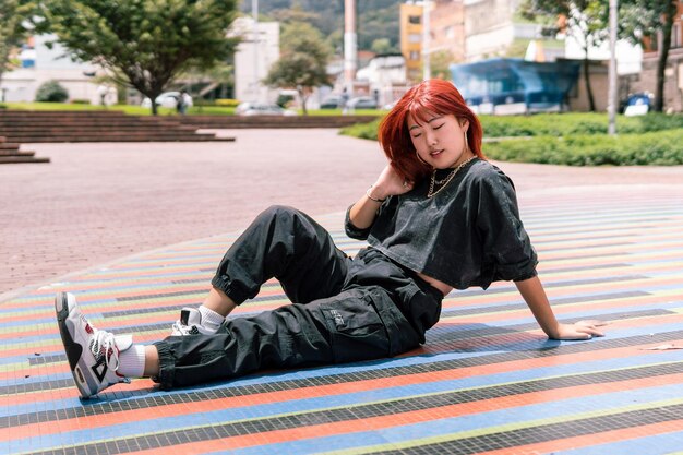 Stylish Korean Female on Vibrant Urban Ground