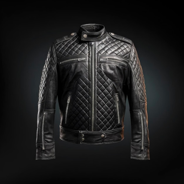 A stylish leather jacket with a studded collar zippered pockets and quilted details