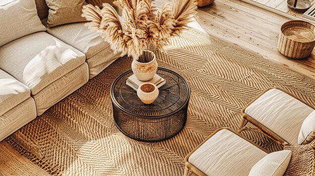 Stylish Living Area with Natural Wicker Details Cozy Textures and a Chic Decorative Scheme for a Modern Homely Feel