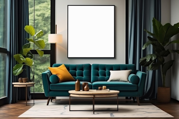 Stylish living room adorned with an abstract frame poster featuring modern interior design