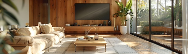 A stylish living room featuring wooden walls large windows and comfortable furniture bathed in natural sunlight