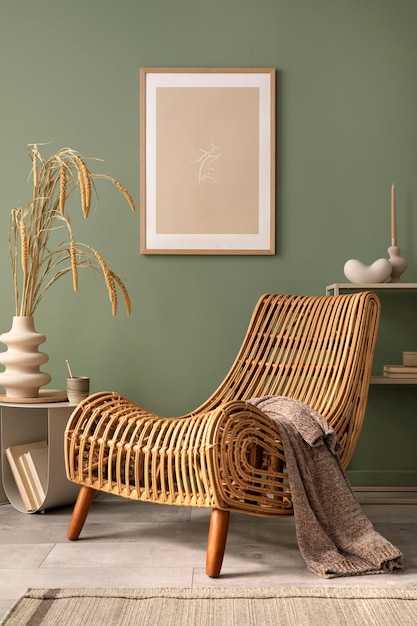 Stylish living room interior design with mock up poster frames wicker armchair coffe table beige carpet and creative home accessories Sage green wall Template