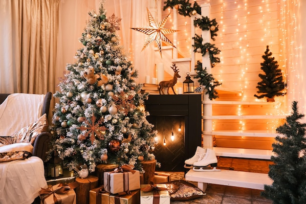 Stylish living room interior with beautiful fireplace, Christmas tree, Lights Presents Gifts Toys, Candles And Garland, Interior design