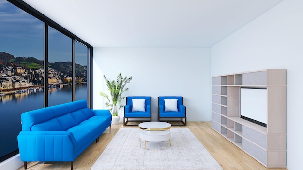 Stylish living room interior with comfortable blue sofas plant and TV cabinet 3D rendering