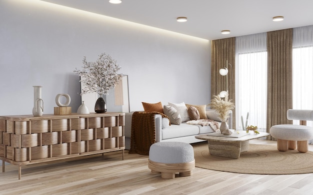 Stylish living room interior with design furnitre and elegant accessories 3d render