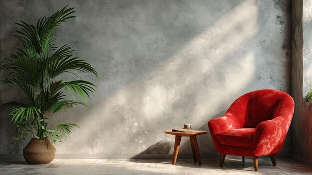 Stylish living room interior with a vibrant red armchair and wooden accents for a cozy ambiance