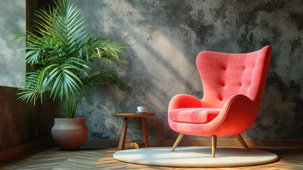 Stylish living room setup with a vibrant coral pink armchair and a rustic wooden table