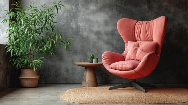 Stylish living room setup with a vibrant coral pink armchair and a rustic wooden table