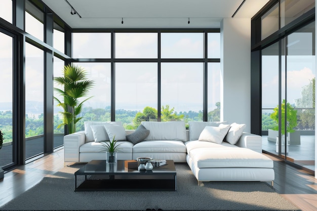 Stylish Living Room Showcasing a White Sofa Black Coffee Table and Large Windows