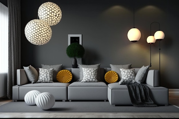 Stylish living room with ball lampshades and gray corner sofa