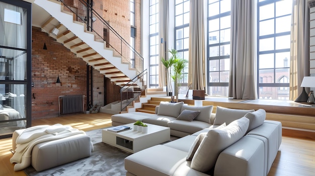 Stylish living room with big sofa many windows and stairs in amazing twostory apartm Generative AI