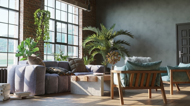 Stylish living room with brick wall Loft industrial style 3d render