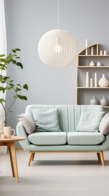 A stylish living room with a green sofa a coffee table a plant and a white lamp