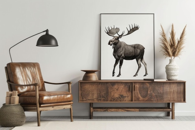 Photo stylish living room with moose artwork wooden furniture and modern decor in neutral tones