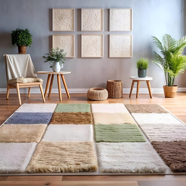 A stylish living room with a patchwork rug in beige brown and green tones