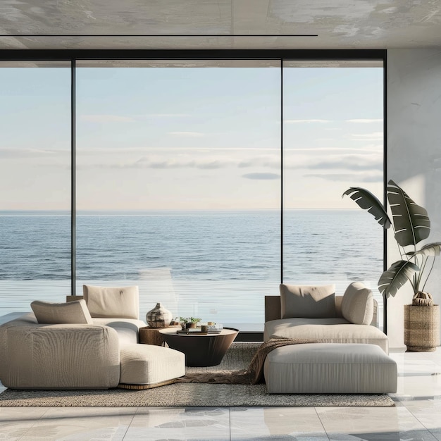 Stylish living room with peaceful ocean view