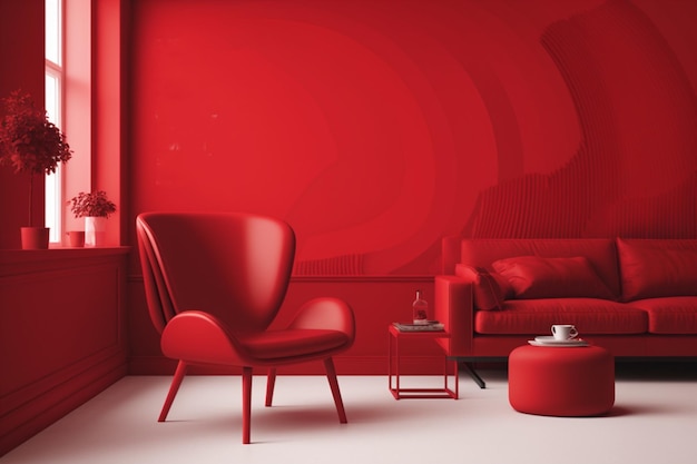 A stylish living room with red Pantone accents and unique furniture pieces